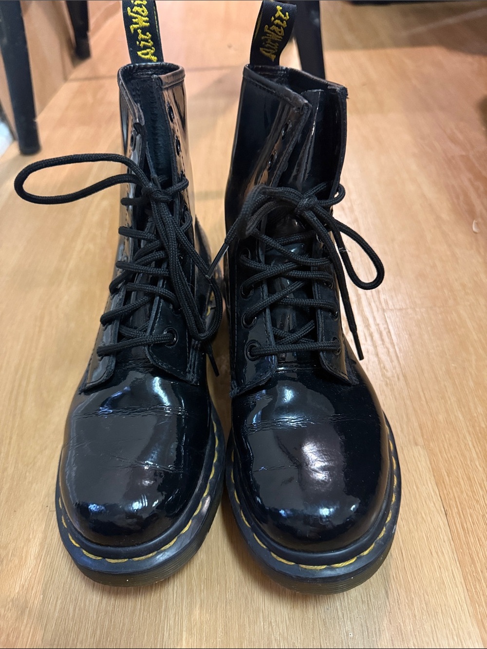 Dr. Martens Kids Black Patent Lace-Up Boots with Yellow Stitching